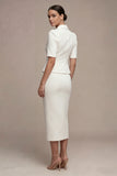 Notched Lapel White 2 Piece Bodycon Midi Work Dress with Short Sleeves