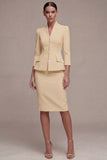 Ivory 2 Piece Single Breasted Bodycon Midi Work Dress with 3/4 Sleeves