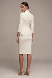 Ivory 2 Piece Single Breasted Bodycon Midi Work Dress with 3/4 Sleeves