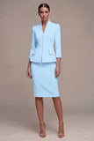 Ivory 2 Piece Single Breasted Bodycon Midi Work Dress with 3/4 Sleeves