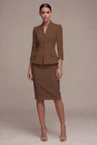 Ivory 2 Piece Single Breasted Bodycon Midi Work Dress with 3/4 Sleeves