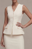 Ivory 2 Piece Sleeveless Bodycon V Neck Midi Work Dress