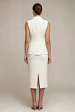 White Pearled Notched Lapel 2 Piece Bodycon Work Dress with Slit