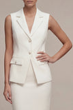 White Pearled Notched Lapel 2 Piece Bodycon Work Dress with Slit