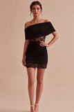 Off the Shoulder Black Lace Ruched Bodycon Mini Dress