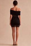 Off the Shoulder Black Lace Ruched Bodycon Mini Dress