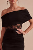 Off the Shoulder Black Lace Ruched Bodycon Mini Dress