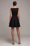 Boat Neck Black A Line Pleated Mini Dress