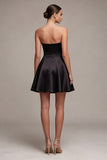 Strapless Black Corset A Line Pleated Satin Mini Dress