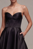 Strapless Black Corset A Line Pleated Satin Mini Dress