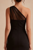 One Shoulder Ruched Black Bodycon Mini Dress