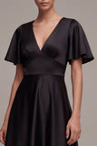 Black A Line Satin Short Sleeve Midi Dress