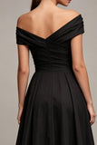 Off the Shoulder Ruched Black A Line Pleated Satin Midi Formal Dress