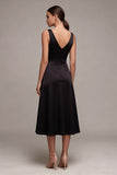 Black Satin A Line V Neck Midi Formal Dress