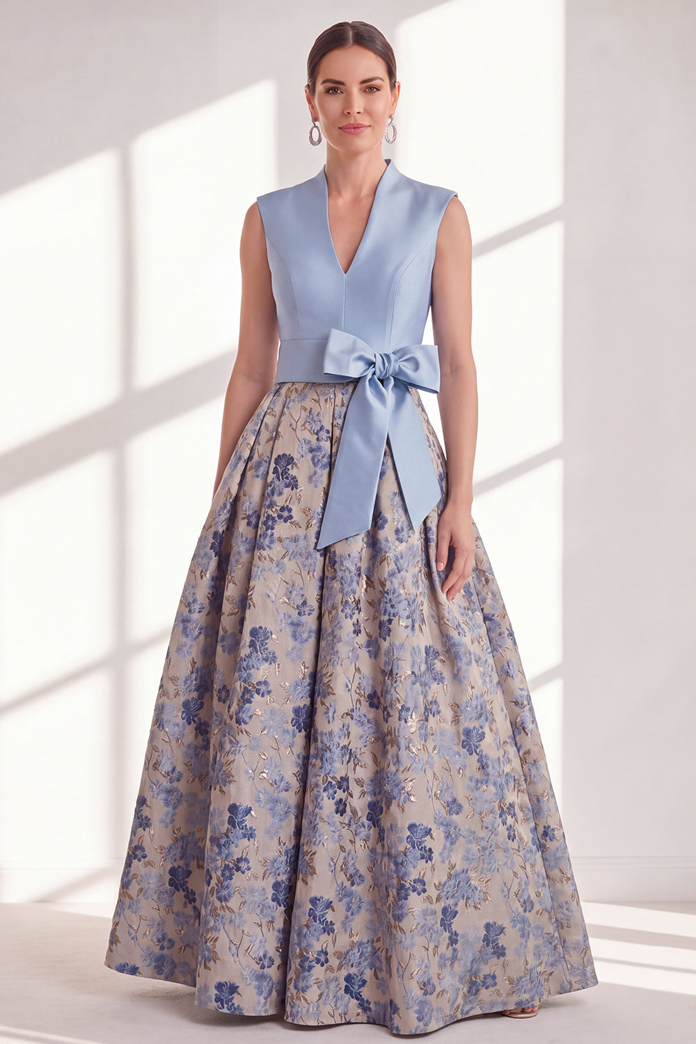Berylove Women Blue Floral Mother of the Bride Dress A Line Pleated V Neck Maxi Formal Dress with Bow