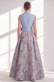 Blue Floral A Line Pleated Maxi Mother of the Bride Dress with Bow