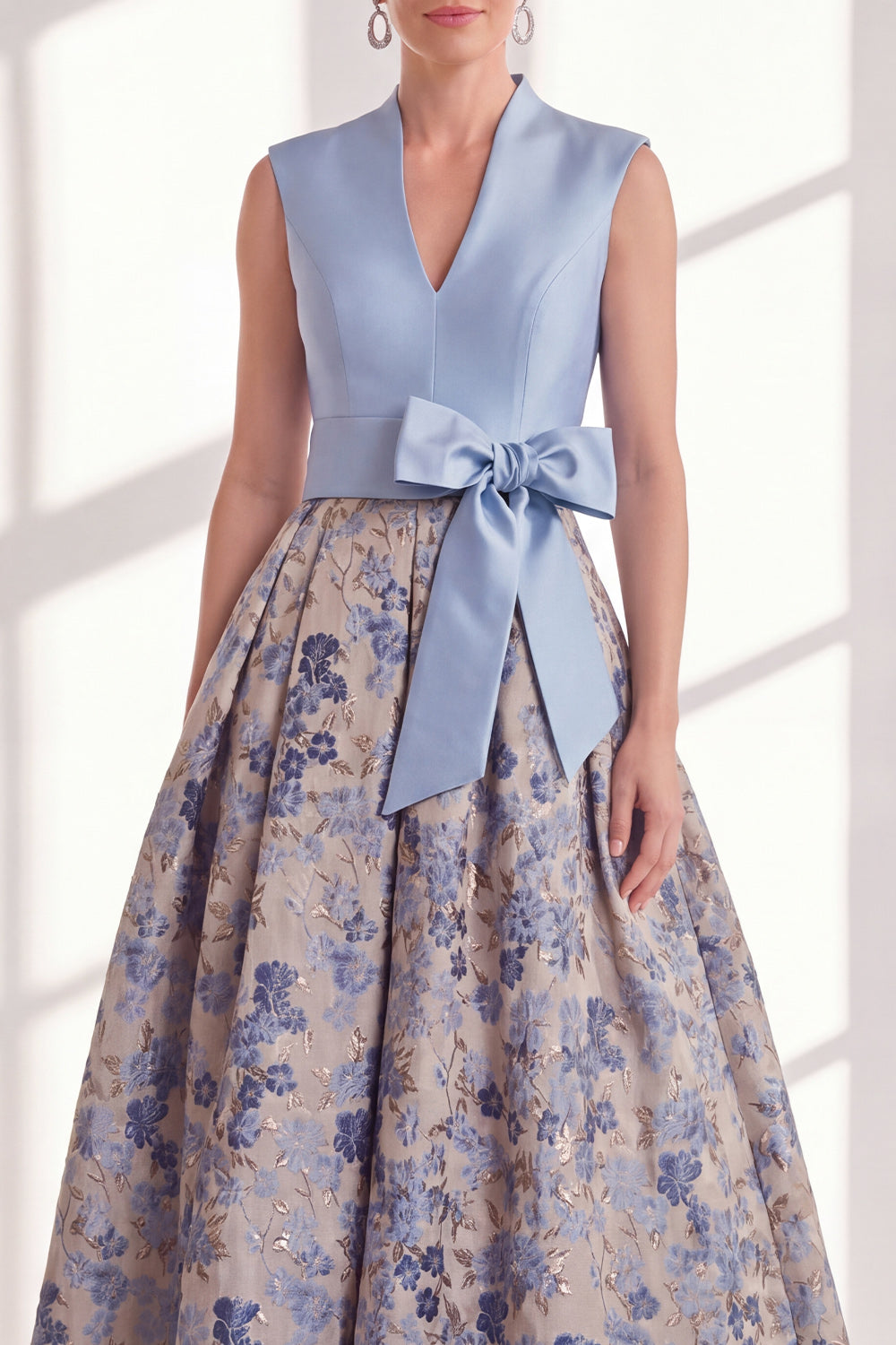 Berylove Women Blue Floral Mother of the Bride Dress A Line Pleated V Neck Maxi Formal Dress with Bow, Blue / US14 Berylove Women Blue Floral Mother of the Bride Dress A Line Pleated V Neck Maxi Formal Dress with Bow, Blue / US14