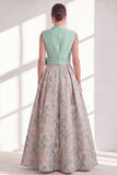 Blue Floral A Line Pleated Maxi Mother of the Bride Dress with Bow