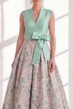 Blue Floral A Line Pleated Maxi Mother of the Bride Dress with Bow