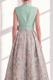Blue Floral A Line Pleated Maxi Mother of the Bride Dress with Bow