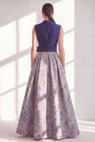 Blue Floral A Line Pleated Maxi Mother of the Bride Dress with Bow
