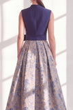Blue Floral A Line Pleated Maxi Mother of the Bride Dress with Bow