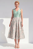 Jacquard Navy Floral A Line Pleated Mother of the Bride Dress