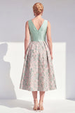 Jacquard Navy Floral A Line Pleated Mother of the Bride Dress