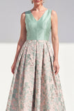 Jacquard Navy Floral A Line Pleated Mother of the Bride Dress