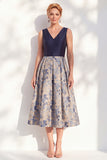 Jacquard Navy Floral A Line Pleated Mother of the Bride Dress