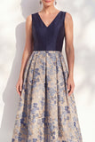 Jacquard Navy Floral A Line Pleated Mother of the Bride Dress