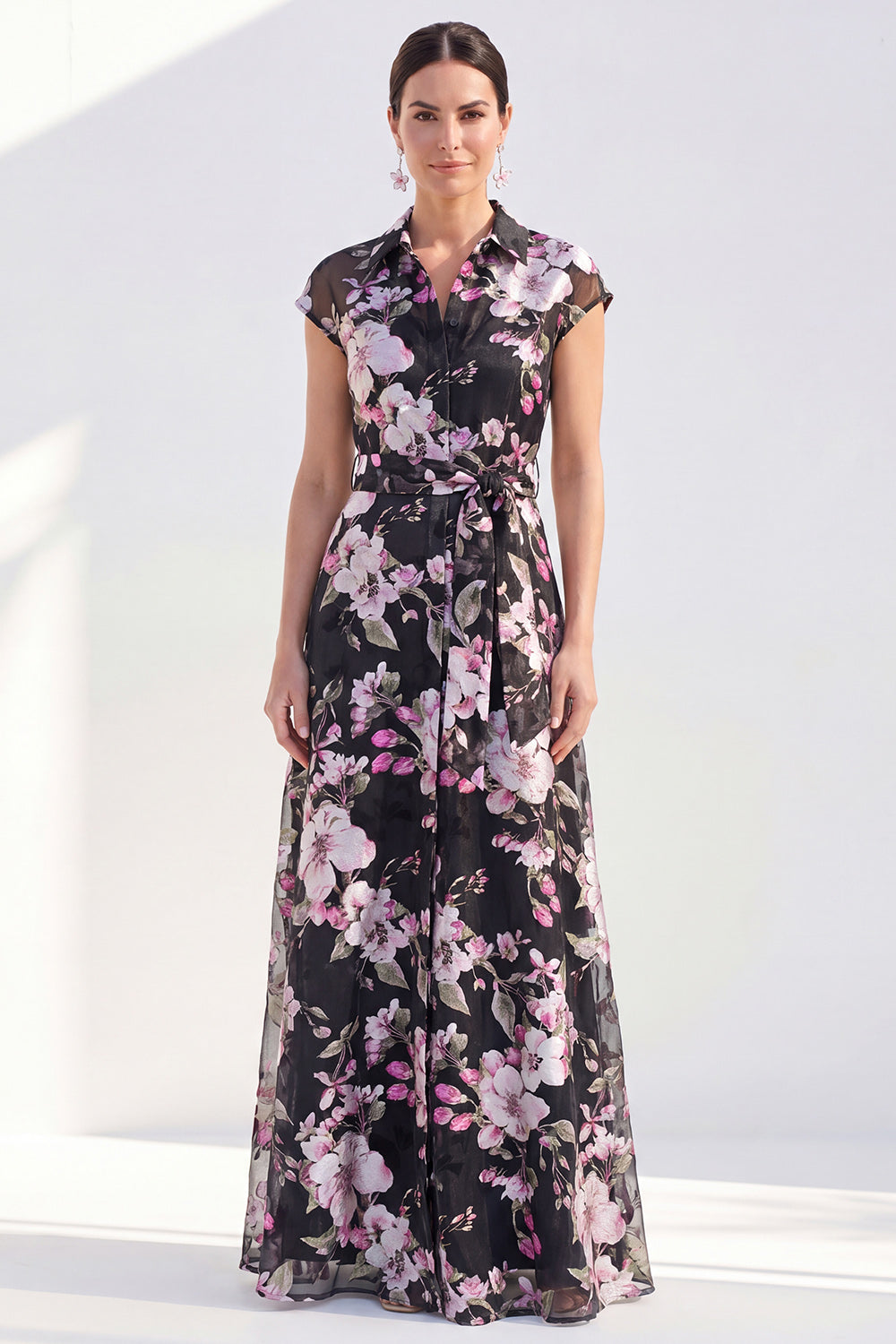 Berylove Women Black Mother of the Bride Dress with Sash Floral A Line Maxi Wedding Guest Dress with Cap Sleeves