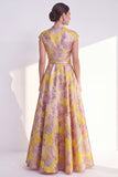 Floral Yellow A Line Maxi Mother of the Bride Dress with Sash