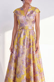 Floral Yellow A Line Maxi Mother of the Bride Dress with Sash