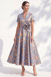 3D Flower Jacquard Blue A Line Maxi Mother of the Bride Dress