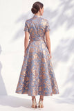 3D Flower Jacquard Blue A Line Maxi Mother of the Bride Dress
