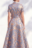 3D Flower Jacquard Blue A Line Maxi Mother of the Bride Dress