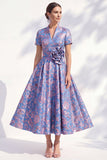 3D Flower Jacquard Blue A Line Maxi Mother of the Bride Dress