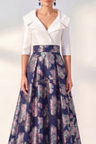 Jacquard Navy Floral Notched Lapel A Line Maxi Mother of the Bride Dress
