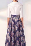 Jacquard Navy Floral Notched Lapel A Line Maxi Mother of the Bride Dress