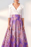 Jacquard Navy Floral Notched Lapel A Line Maxi Mother of the Bride Dress