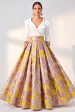 Jacquard Navy Floral Notched Lapel A Line Maxi Mother of the Bride Dress