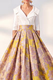 Jacquard Navy Floral Notched Lapel A Line Maxi Mother of the Bride Dress