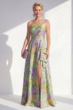 One Shoulder Blue Floral A Line Ruffled Mother of the Bride Dress