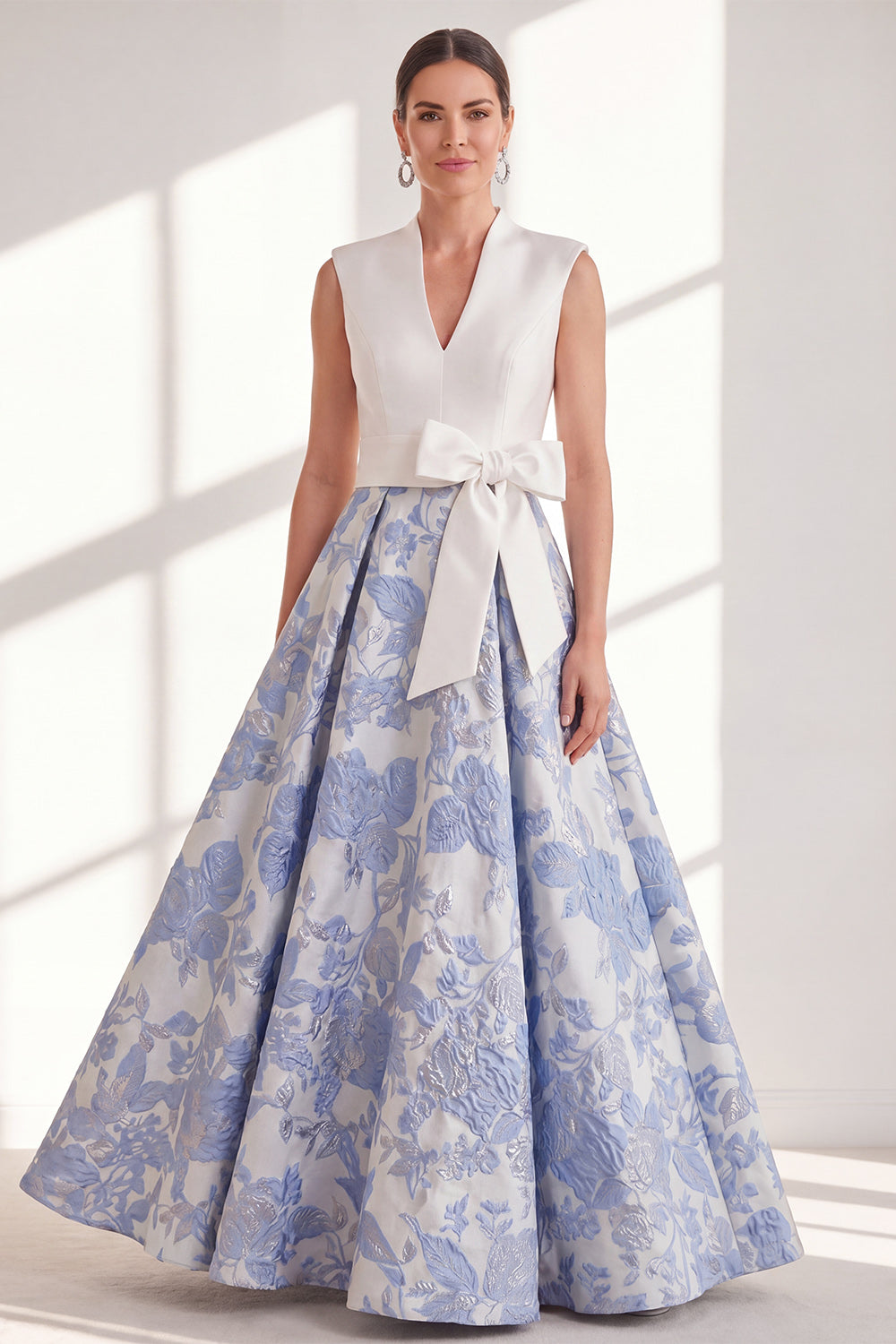 Berylove Women Blue Floral Mother of the Bride Dress A Line Pleated Maxi Wedding Guest Dress with Bow, Blue / US24W