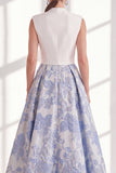 Blue A Line Floral Mother of the Bride Dress with Bow