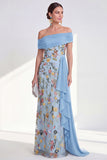 Off the Shoulder Floral Embroidered Blue Maxi Mother of the Bride Dress