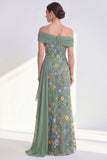 Off the Shoulder Floral Embroidered Blue Maxi Mother of the Bride Dress