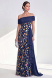 Off the Shoulder Floral Embroidered Blue Maxi Mother of the Bride Dress