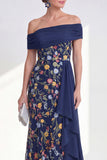 Off the Shoulder Floral Embroidered Blue Maxi Mother of the Bride Dress